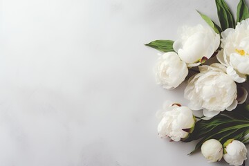 White peony flowers on gray table Space for meaningful text Closeup - obrazy, fototapety, plakaty