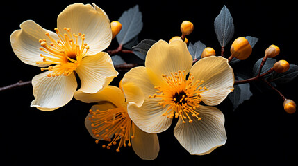 some yellow flowers placed against a black background