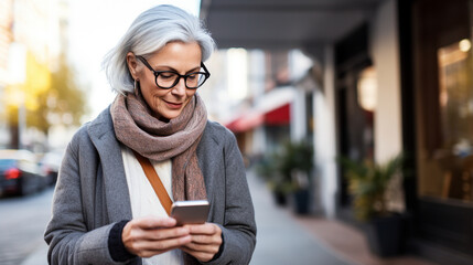 a woman with gray hair and glasses holding a smartphone and traveling - obrazy, fototapety, plakaty