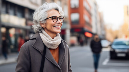 a woman of retirement age walks around the city on a trip - obrazy, fototapety, plakaty