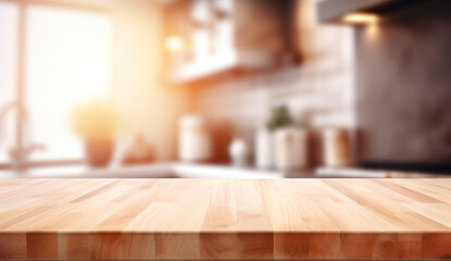 Blurred abstract background. Modern kitchen with wooden worktop and space to display or mount your products