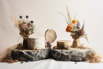 White table with dried flowers and ornamental stone podiums