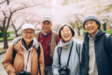 Sakura Park Serenity: Happy Retirement Seniors in Nature. Group of senior people enjoy in the weekend - obrazy, fototapety, plakaty
