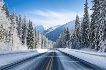 Winter driving on a country road through snowy mountains - obrazy, fototapety, plakaty