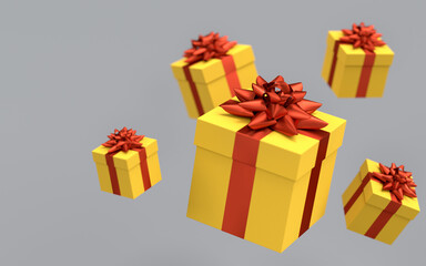 Gift boxes with ribbon and bow for Merry Christmas flying and falling on grey