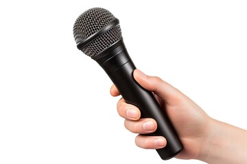 Woman s hand holding microphone on white background with clipping path