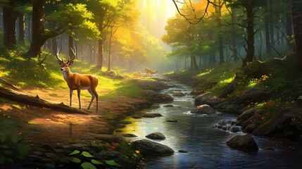 A serene, sunlit forest clearing with a meandering stream and a family of deer grazing peacefully.