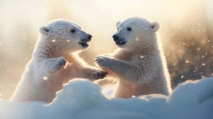two small polar bear cubs in the snow  - obrazy, fototapety, plakaty