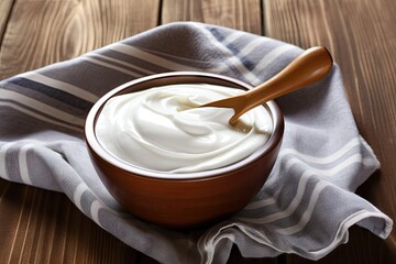 Wooden background with bowl of sour cream yogurt and utensils