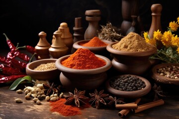 Wooden background with various spices and mortar