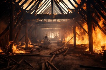 Wooden barn destroyed by fire charred roof truss and posts - obrazy, fototapety, plakaty