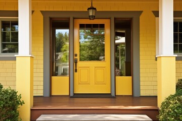 Wooden front door of yellow house with reflections in window wide porch view