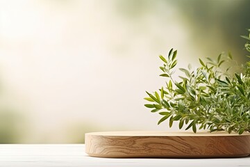 Wooden podium with olive tree branch green leaves and white space background Organic cosmetic pedestal for promotional display