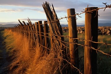 Wooden posts and steel wire create a dividing barbed wire fence