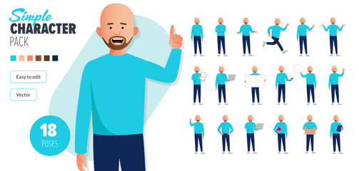 Simple flat bald bearded male vector character in a set of multiple poses. Easy to edit and isolated on a white background. Modern trendy style character mega pack with lots of poses. - Powered by Adobe
