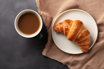 photo top view croissant dish and coffe ai generate