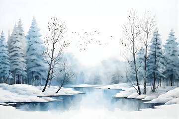 Winter landscape with lake in watercolor style. Snow-covered spruce forest. Christmas mood