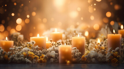 all saints' day background, sober, candles, soft tones, background for all Saints Day or All Souls' Day. Background with copy space.