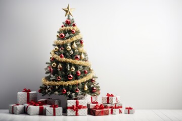 Decorated christmas fir tree with gift boxes