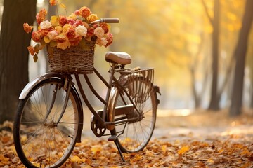 Fototapeta premium Retro bycicle with flowers in autumn park