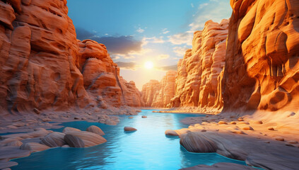 Sunset canyon outdoor river travel desert rock mountains landscape water stone nature - obrazy, fototapety, plakaty