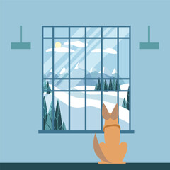 Vector flat window, dog sitting near the window sill, mountain landscape. Home comfort. Illustration in flat style.