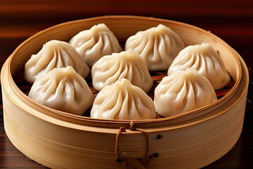 Xiao Long Bao a famous Chinese appetizer is served in a restaurant in a traditional bamboo basket with steaming soup dumplings and filled with pork broth