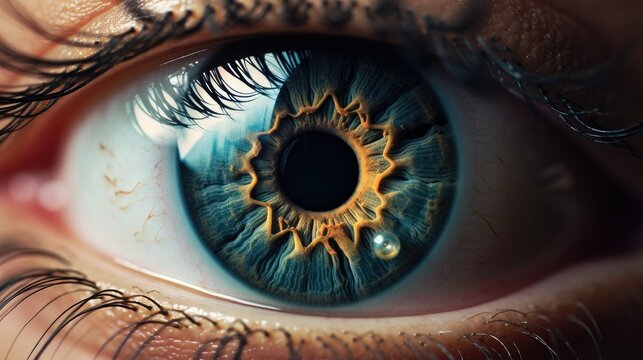 Extreme closeup image of a human eye. Macro photography with the concept of healthy vision, eye treatment education, and futuristic professional photo shoots. Generative AI