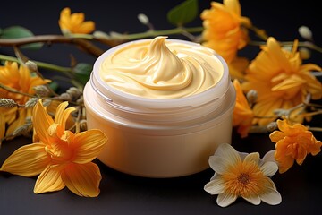 Yellow paste of face cream masks dry flowers