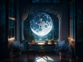 Room with table window and moon intricate details - AI Generative