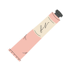 Tube of pink paint with heart, oil paint, acrylic, gouache or watercolor, cartoon style. Trendy modern vector illustration isolated on white background, hand drawn, flat design