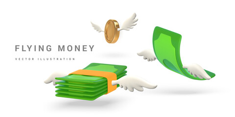 3D green flying stack of money and gold coins with white wings in cartoon style. Business and finance object for banner design. Vector illustration