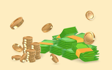 3D green stack of money and gold coins in cartoon style. Business and finance object for banner design. Vector illustration