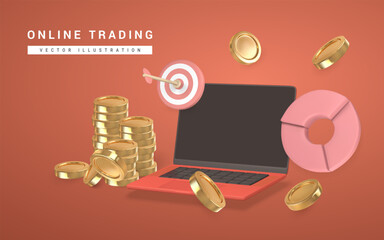 3d stock online trading with laptop, statistics finance chart graph and flying gold coins in cartoon style. Vector illustration
