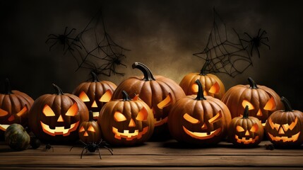 Нalloween background with pumpkins and spiders on a wooden table