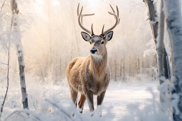 Deer in snow forest in winter season.
