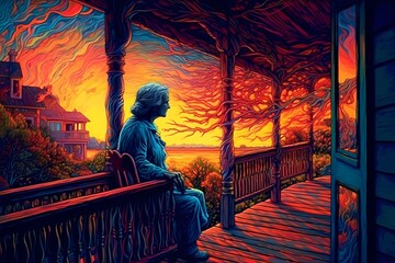 Fototapeta premium person sitting on a bench in the evening