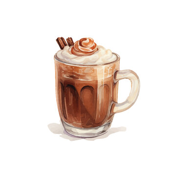 Hot coffee latte in the cup. Watercolor vector illustration isolated on white background. Hot cappuccino with whipped cream