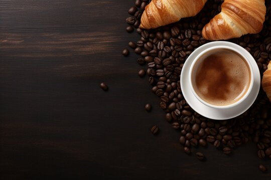 photo top view croissant dish and coffe ai generate