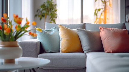Interior with gray sofa and bright pillows