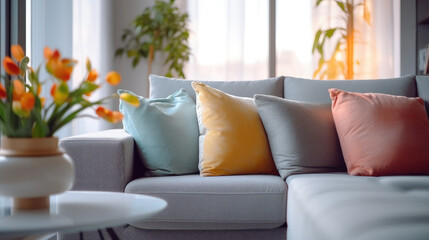 Naklejka premium Interior with gray sofa and bright pillows