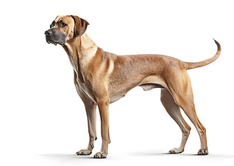 Big brown outbred domestic dog isolated on white background side view