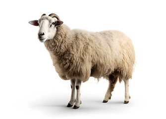 Sheep is domesticated ruminant animal with thick woolly coat and curving horns on white background