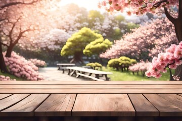 Empty wooden table in Sakura flower Park with garden bokeh background with a country outdoor theme, Template mock up for display of produc