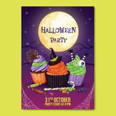 Halloween party invitation poster. Halloween celebration design template with trick and treat sweets and candy elements