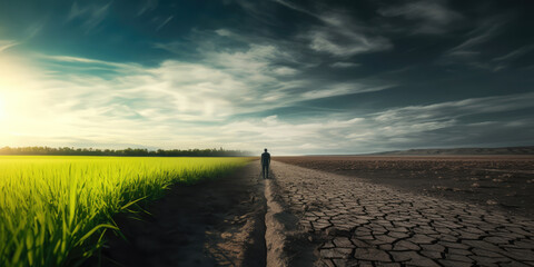 Climate change concept. contrast of green to dry and barren. silhouette of a farmer in a contrasting dry vs green field. 