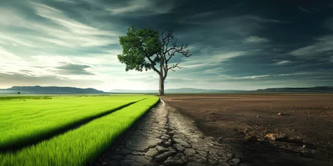 Foto op Aluminium Climate change concept. contrast of green to dry and barren. a tree growing in the center of a dry vs green field. © ana