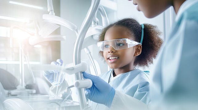 At the doctor's appointment. A sincere and emotional photo of a child sitting in a dental chair, next to the nurse.Generative.AI