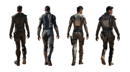 collection of futuristic soldier transparent background PNG. high tech military sci-fi outfit man. futuristic suit. full view.