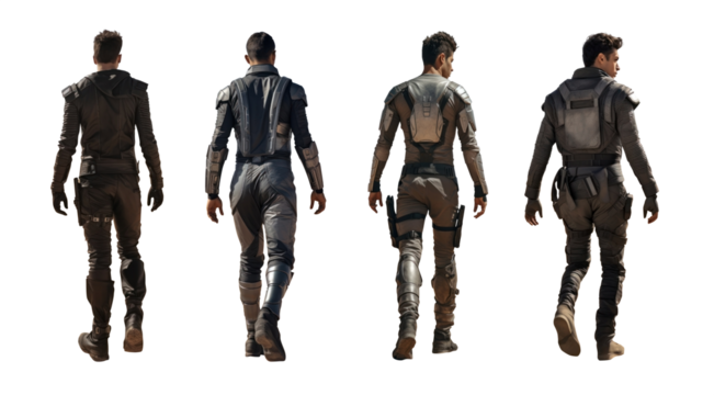 collection of futuristic soldier transparent background PNG. high tech military sci-fi outfit man. futuristic suit. full view.